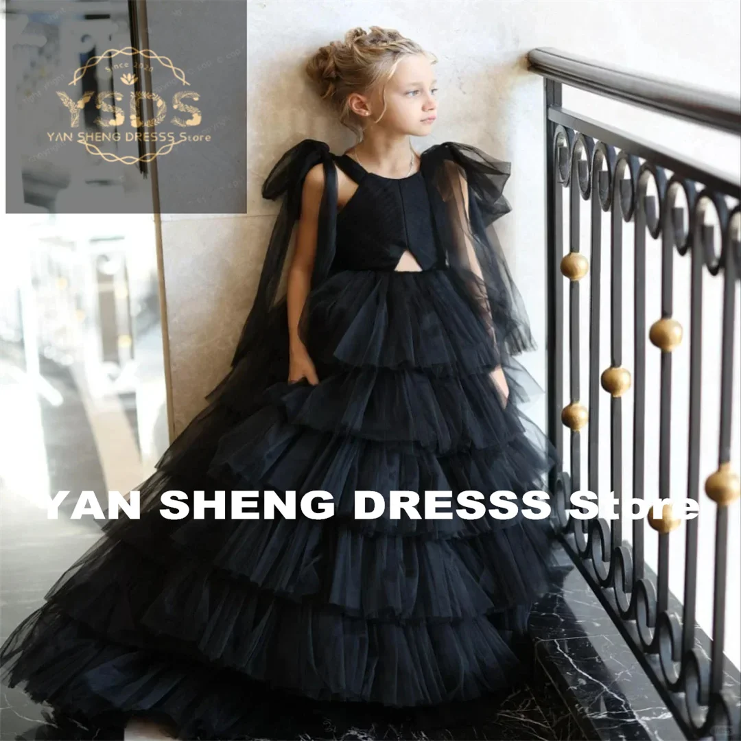 Customized Black Swan Ballet Girl Layered Tulle Fluffy Sleeveless Flower Girl Dress For Wedding Elegant Formal Ball Piano Perfor