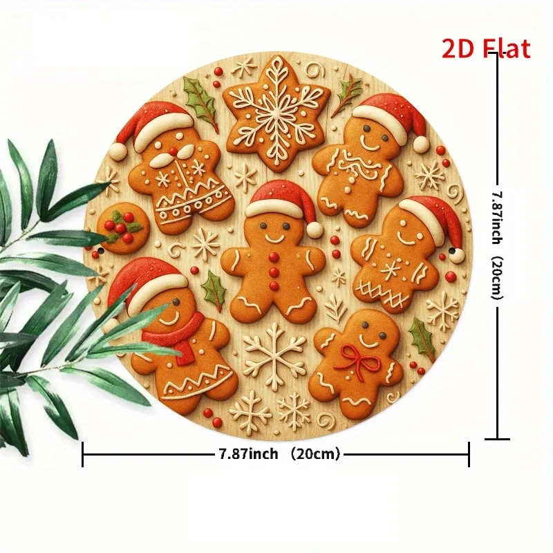 2D Flat, Fun Circular Festive Metal Sign, Gingerbread Christmas Figurine, 7.8X7.8 Inches, Perfect for Front Door And Garden Deco