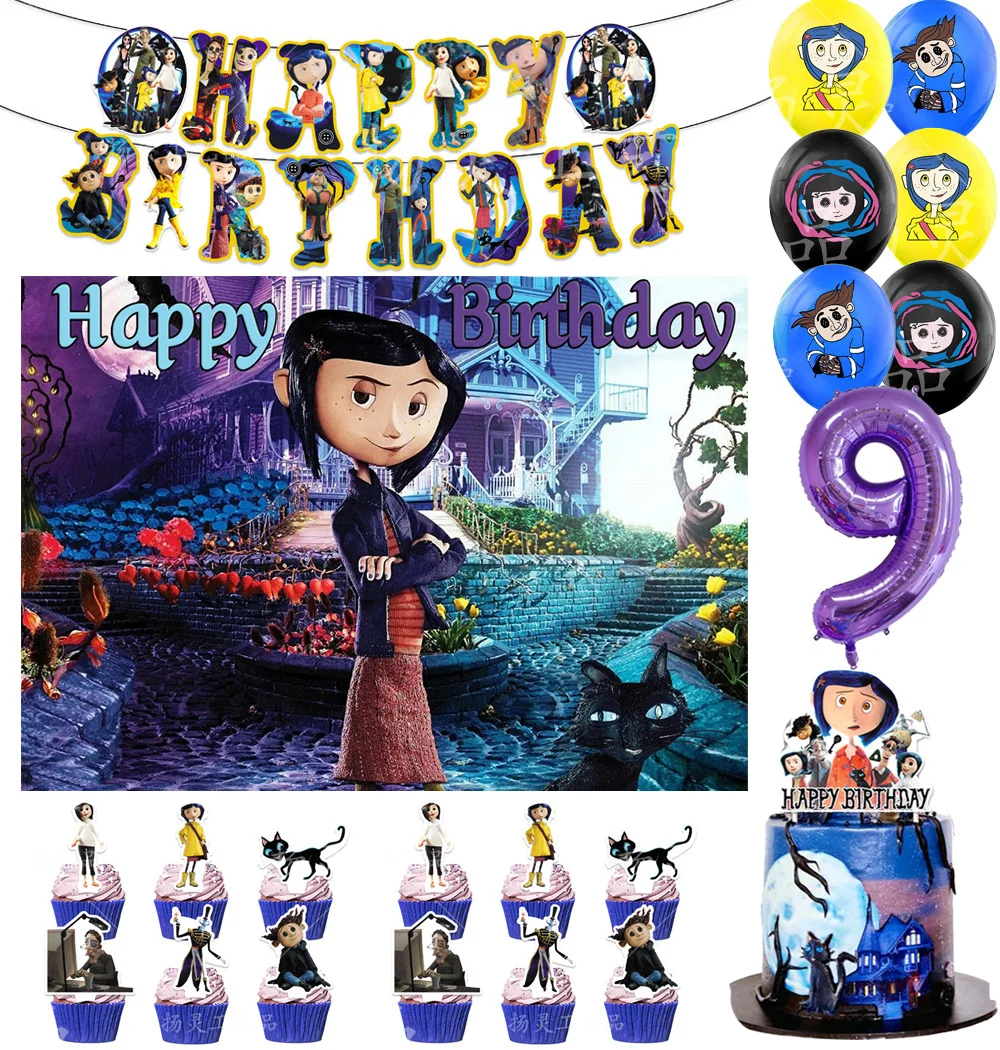 

Horror Cartoon C&Coralined Theme Birthday Party Decorations Number Balloons Cake Topper Background Baby Shower Party Supplies