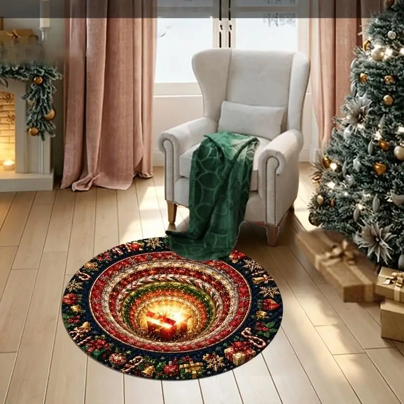 Soft Circle Rug Traditional Santa Claus Present Box Carpet Flannel Soft Fluffy Cozy Winter Holiday Sofa Floor Pad
