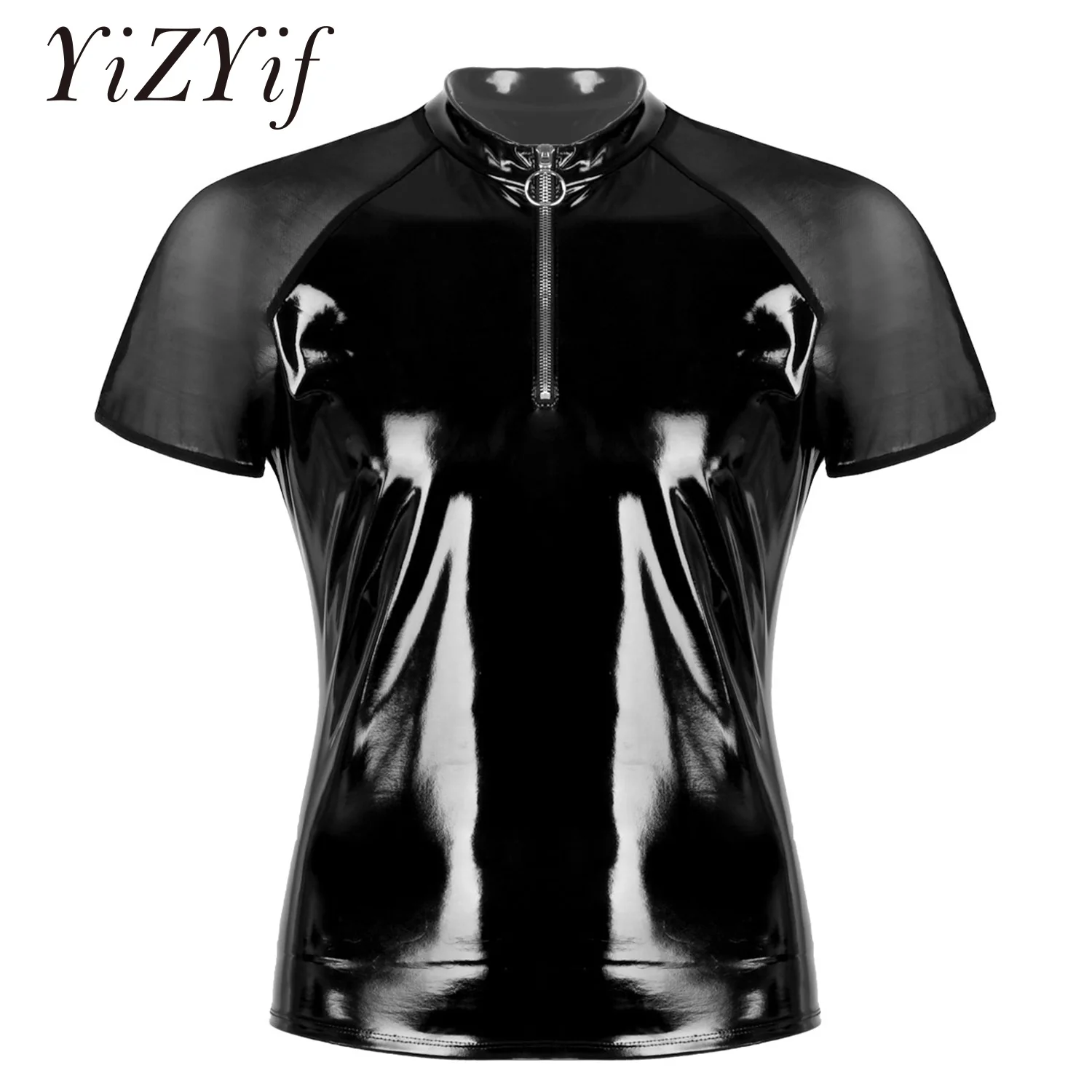 Clubwear T-Shirts Mens Wet Look Patent Leather Shirt Tops Round Neck Sheer Mesh Short Sleeves Half Front Zipper T-Shirts Tops