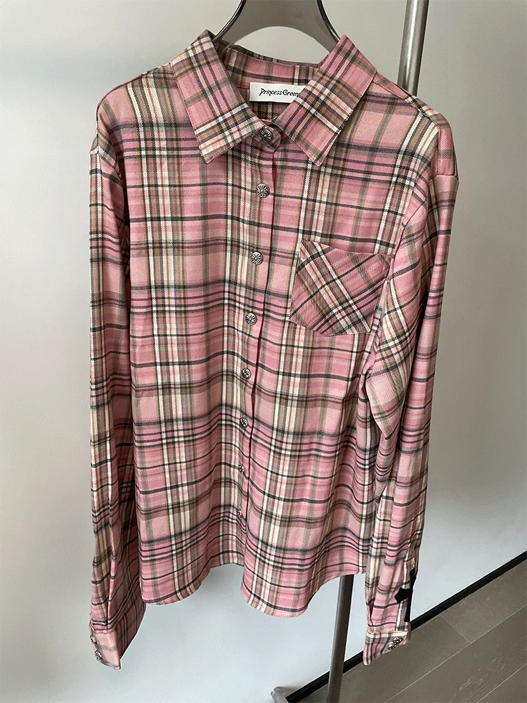

Loose Women's Plaid Shirt Spring Summer New Style Pink Cross Leather Tag Turn-down Collar Princess Greenn Brand Ladies' Shirt