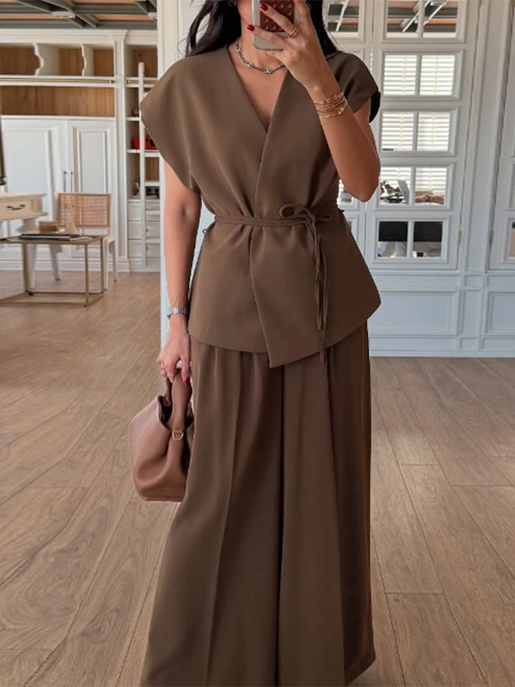 

Women Lace Up Shirts Pants Set Solid V-neck Short Sleeve Shirt Pleated Wide Leg Pant Spring Lady Suit Two Pieces Set 2025