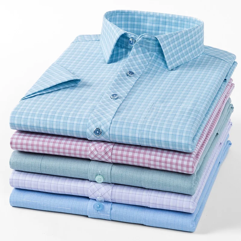 Bamboo fiber summer thin plaid short sleeve shirts for man slim fit formal plain shirt single pocket soft striped office clothes