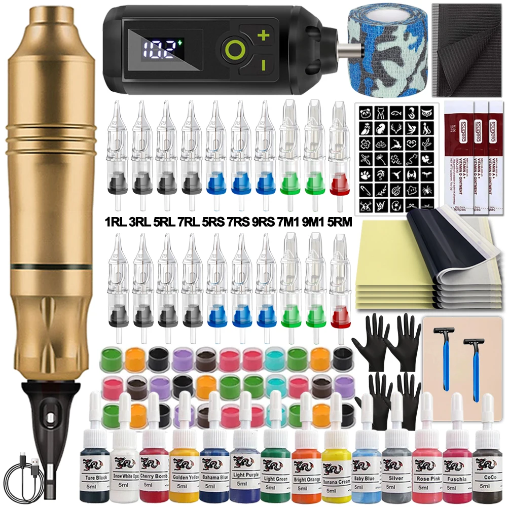 Tattoo Machine Kit Tattoo Pen Machine Set met draadloze voeding Tattoo Cartridge Naalden Inkten voor Tattoo Beginner