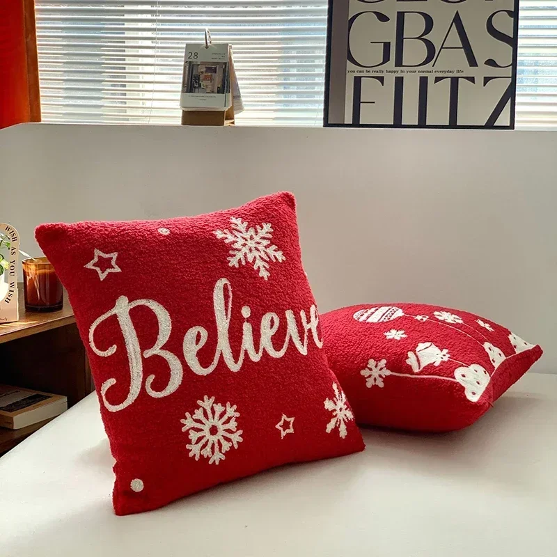Christmas and New Year Plush Cushion Cover Red Teddy Velvet Embroidered Pillowcase Festive Joyful Home Pillow Covers Decorative