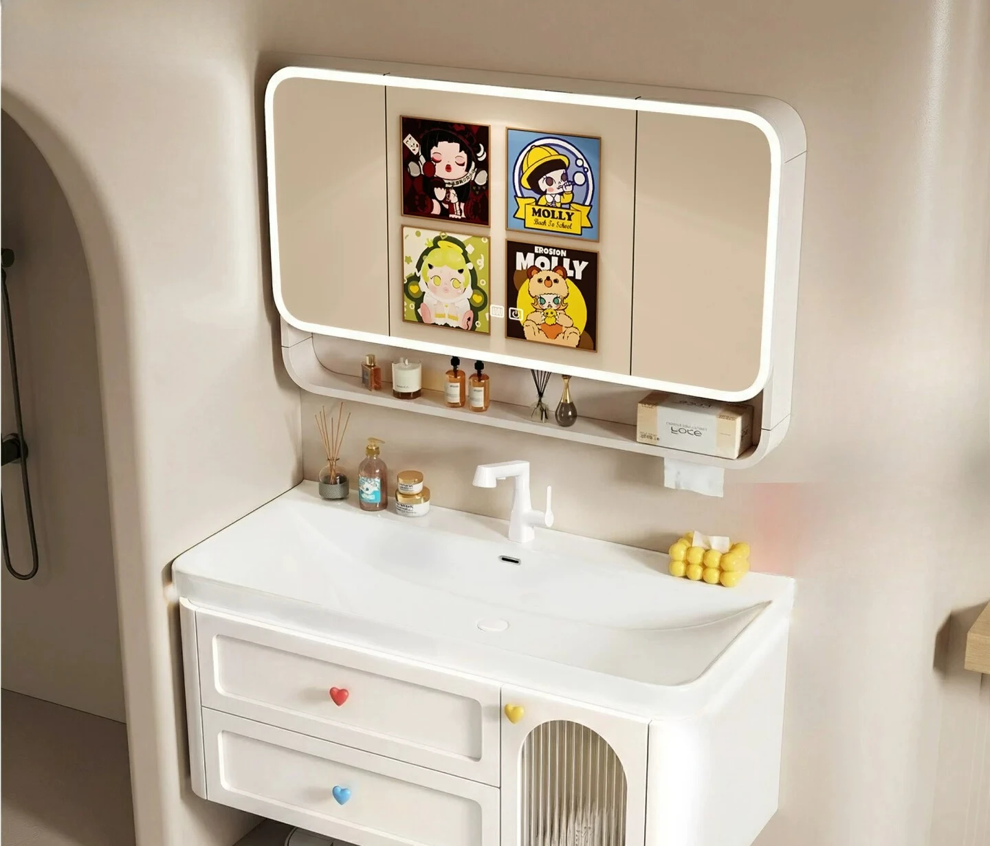 New Arrival Colorful Dopamine Ocean Integrated Ceramic Sink Cabinet Moisture Proof Solid Wood Bathroom Vanity Unit For Restroom