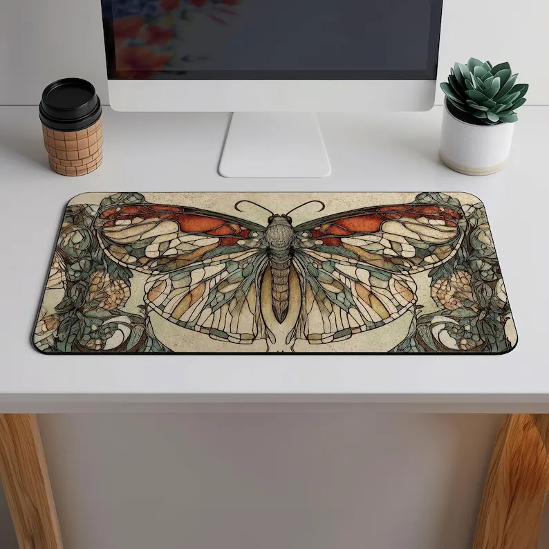 Vintage Green Butterfly Desk Mat Nature Animal Whimsigoth Cottagecore Moth MousePad Art Antique Desktop Decor Stained Glass Gift