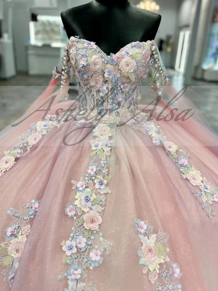 Real Pictire-vestido De baile rosa para mujer, ropa De baile, hombros descubiertos, apliques De perlas, falda hinchada grande, 15 Quinceañera 16