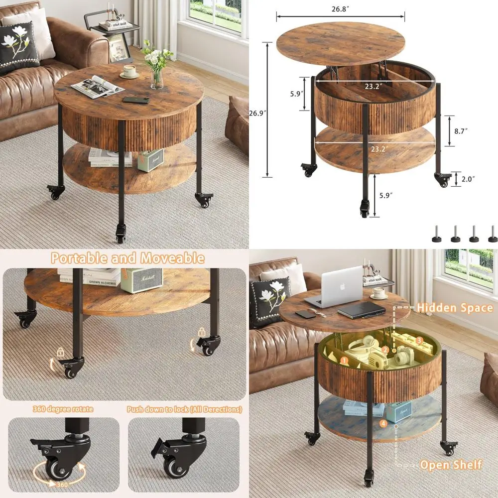 

Rustic Round Fluted Lift-Top Coffee Table with Storage, Brown, for Living Room and Home Office
