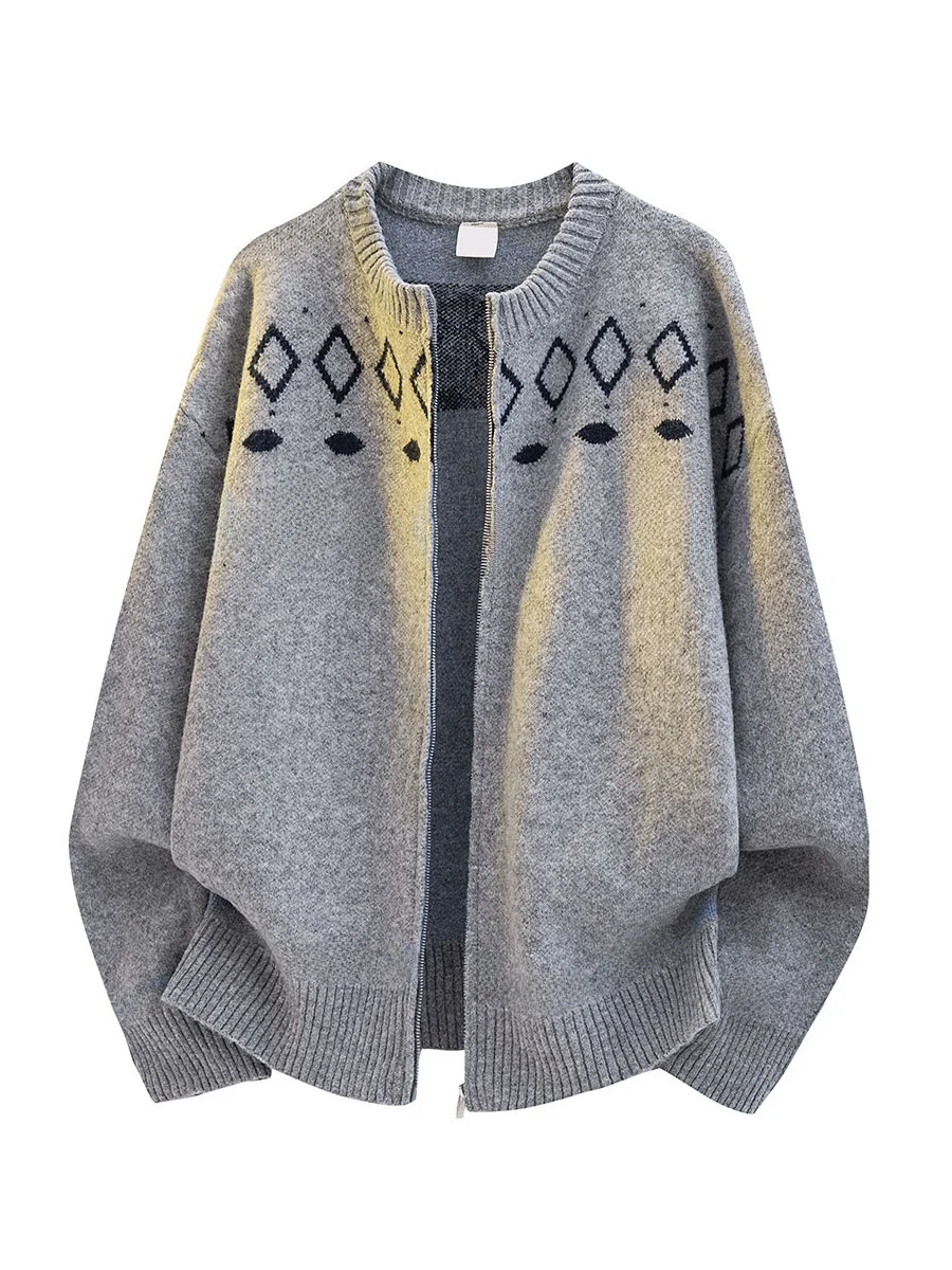 

Мужской вязаный свитер на молнии с круглым вырезом, повседневный, с цветочной вышивкой, свободного кроя, осенне-зимняя модная верхняя одежда/пальто