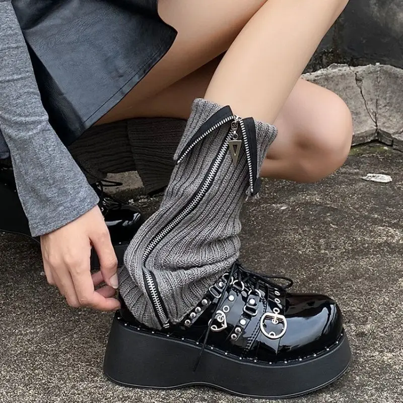 Серые носки с боковой молнией для девочек, осенние и зимние студенческие стильные простые и универсальные трендовые носки для сохранения тепла