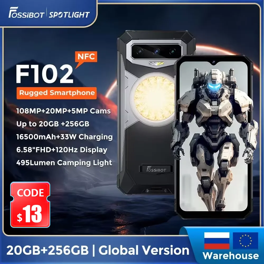 

FOSSIBOT F102 Rugged 20GB+256GB 16500mAH Android 13,6.58 FHD, Camping Light Waterproof, NFC 108MP,Helio G99 33W Fast Charging