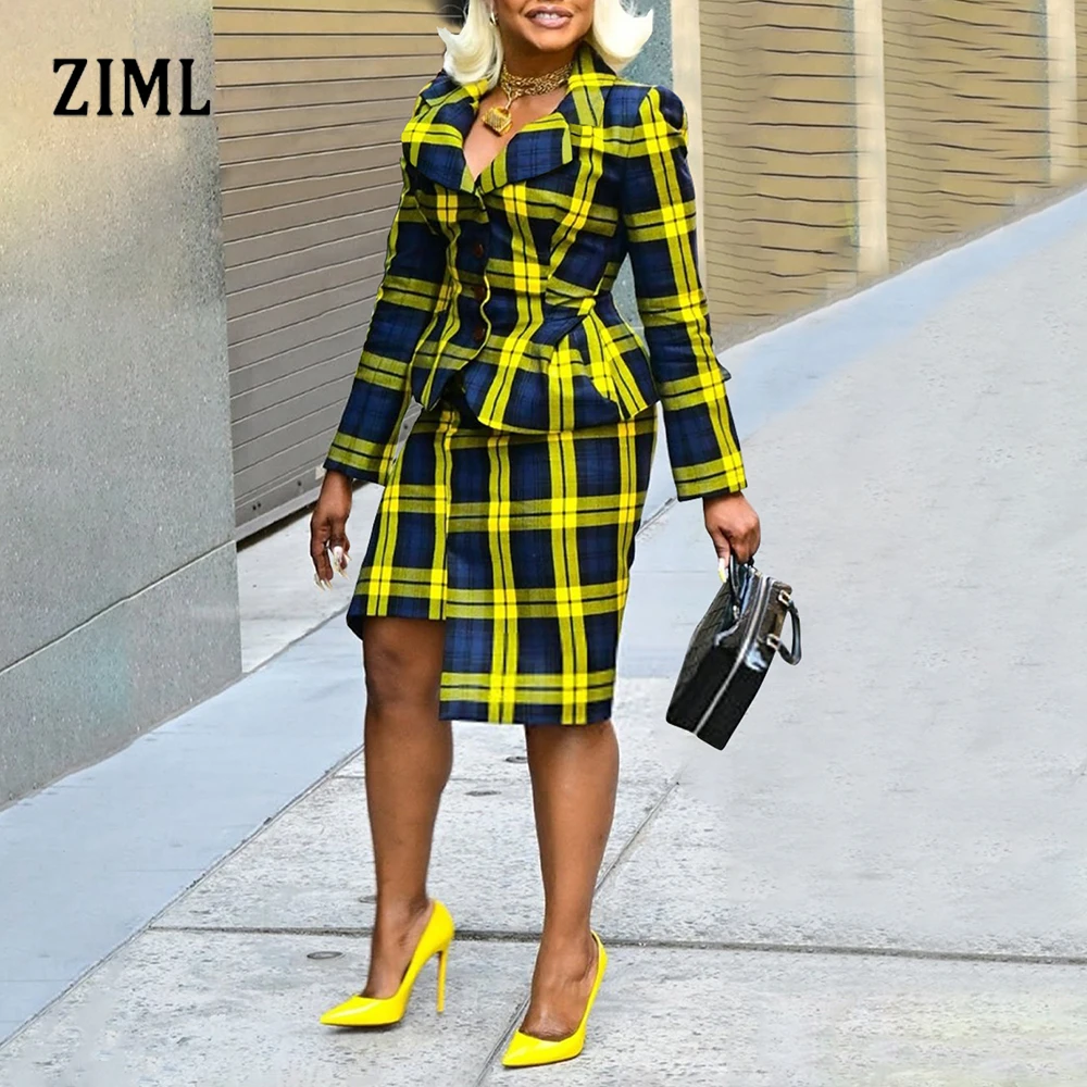 

ZIML Hit Color Grid Set для женщин Туники с лацканами и длинными рукавами Топы с высокой талией Юбки с неровным подолом Элегантный шикарный комплект женский осенний