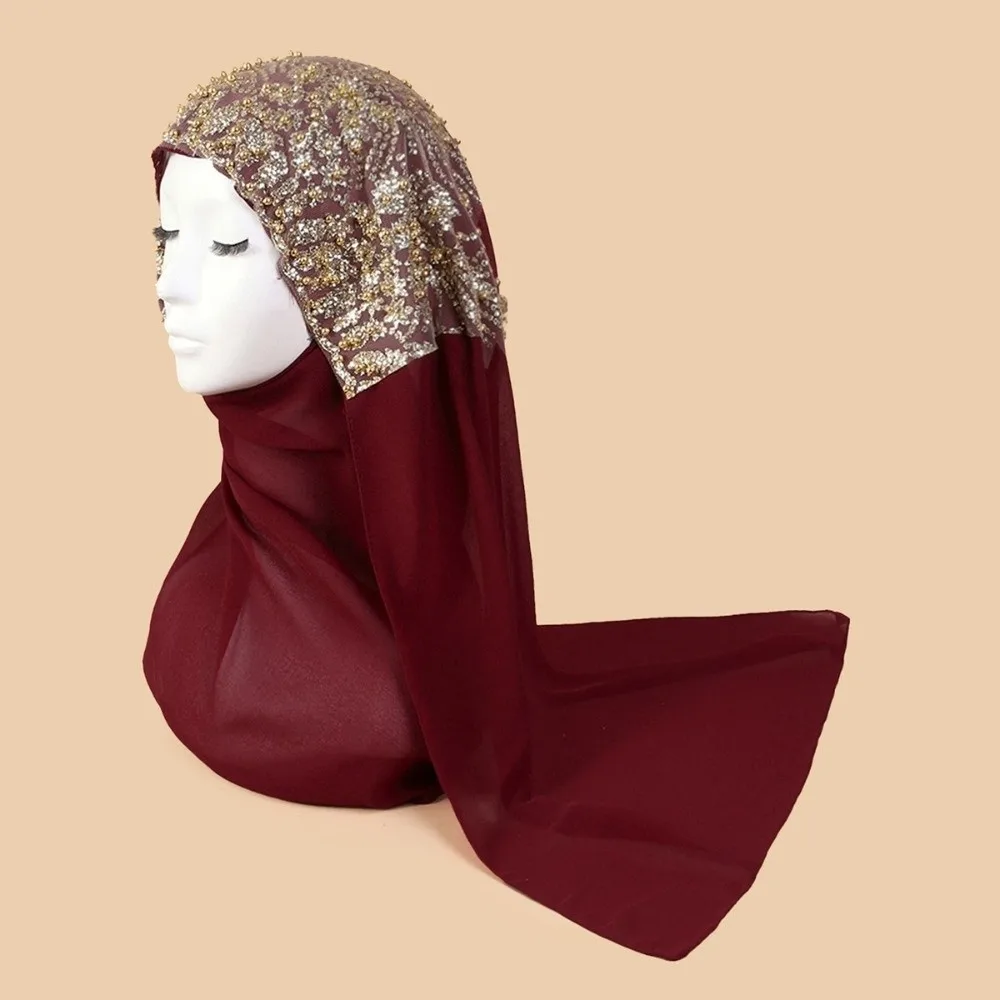 Fashion Silk Pearl Chiffon Hijab Scarf Gold Beads Long Women Headscarf Sunscreen Embroidery Islamic Turban Beach