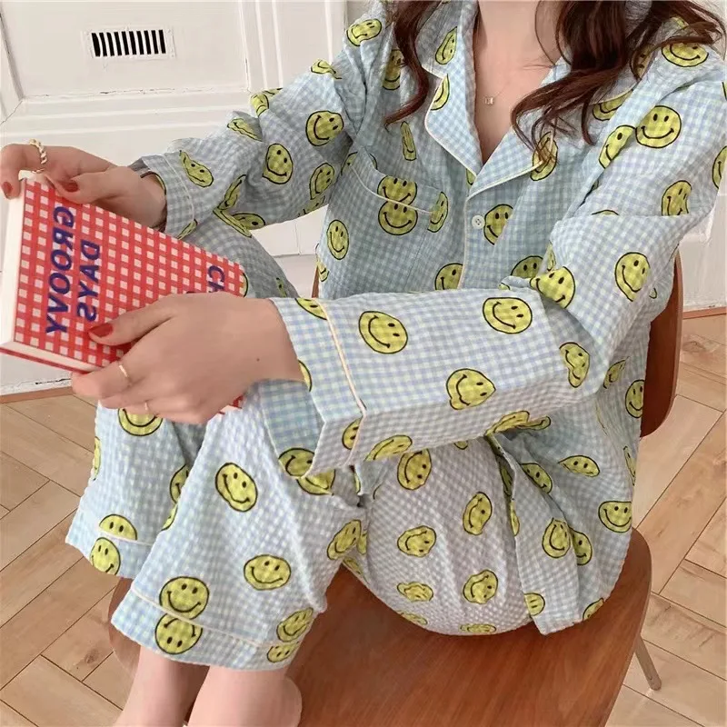 

New Women's Spring and Autumn Ins Style Pajamas Homewear Set Girls Bubble Cotton Long-Sleeved Sweet Simple Pajamas Homewear Set