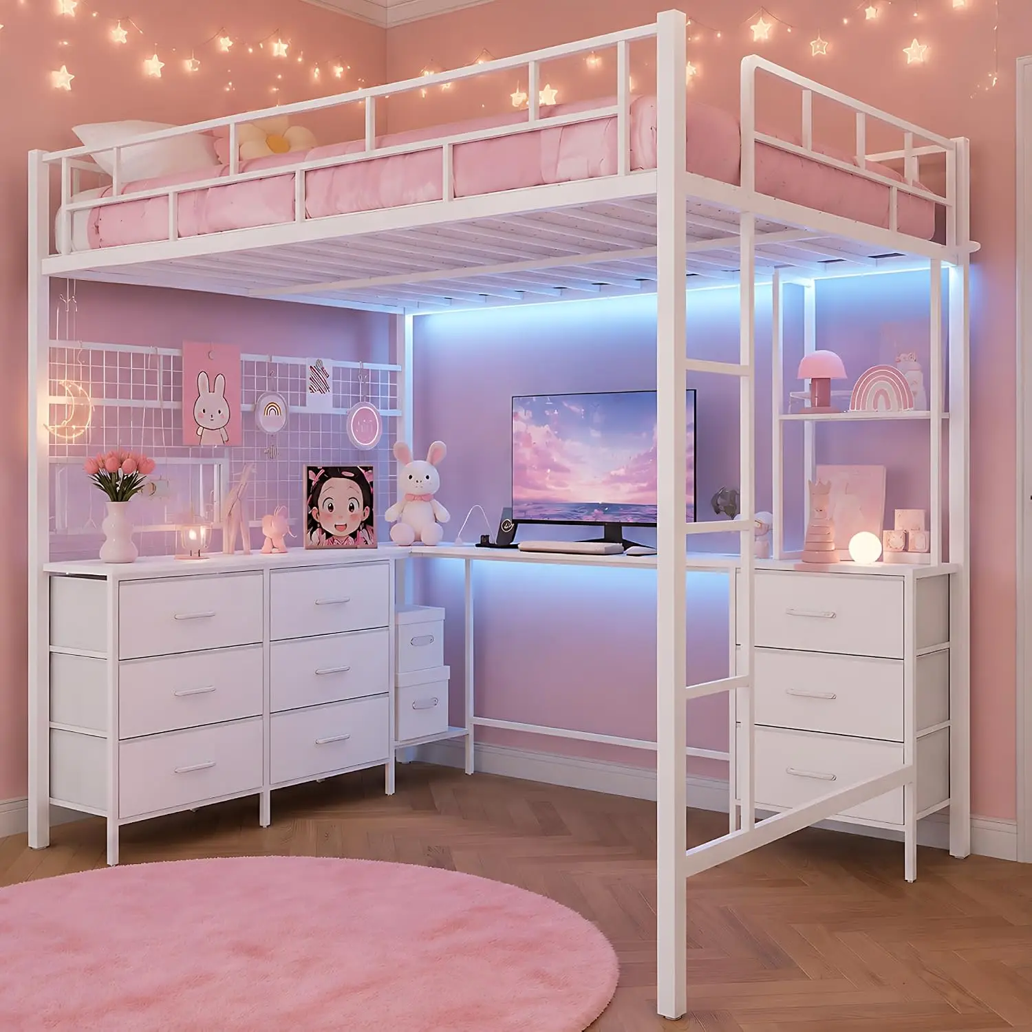 Full Size Loft Bed with L-Shaped Desk and Storage, White | 9 Storage Drawers, Type-C/USB Ports & 2 AC Outlets,, Customized