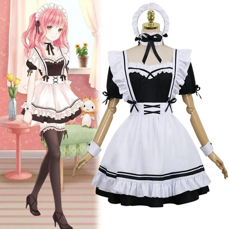 Lolita Maid Dress para meninas e mulheres, Uniforme preto, Vestido bonito, Garçom adorável, Maid Cosplay Costumes, Avental para festa, Roupa de Halloween, Roupas