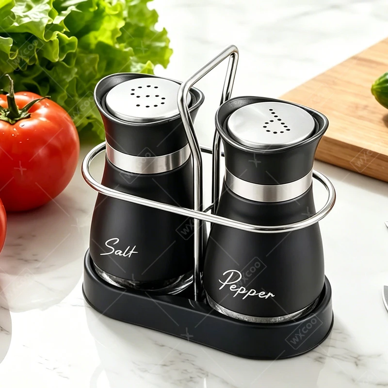 Kitchen Glass Spice Bottle Set Adjustable Refillable Salt and Pepper Shakers with Shelf Spice Dispenser with Pour Holes