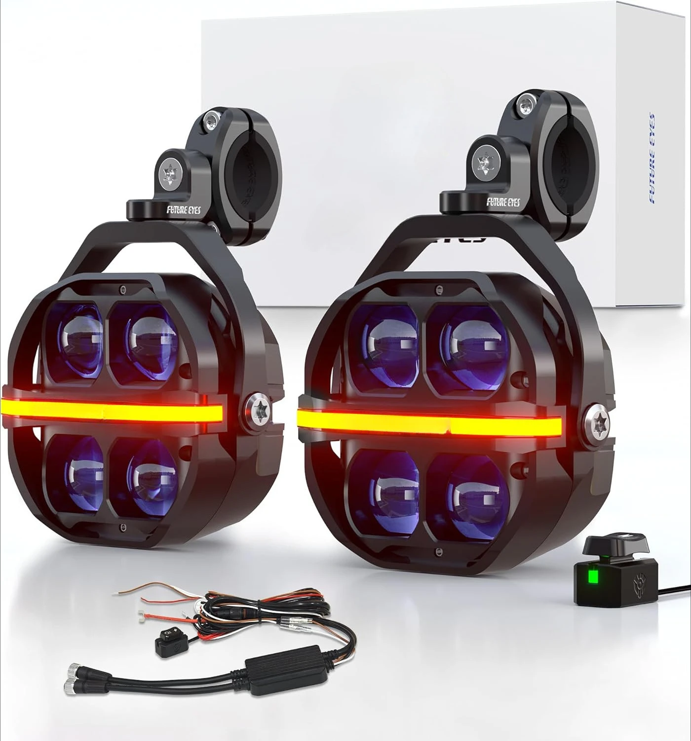 Motorcycle Driving Lights – 180W LED Fog Lights with Amber & White Beams, Waterproof Auxiliary Spotlights with DRL, Strobe