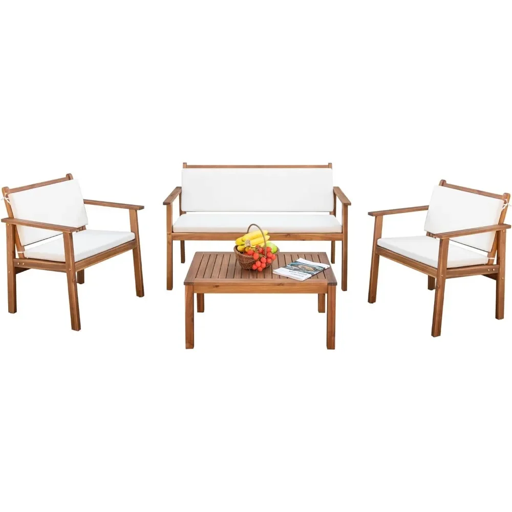 

Patio Furniture 4 Piece Acacia Wood Outdoor Conversation Sofa Set with Table & Cushions Porch Chairs for Garden, Deck, Backyard