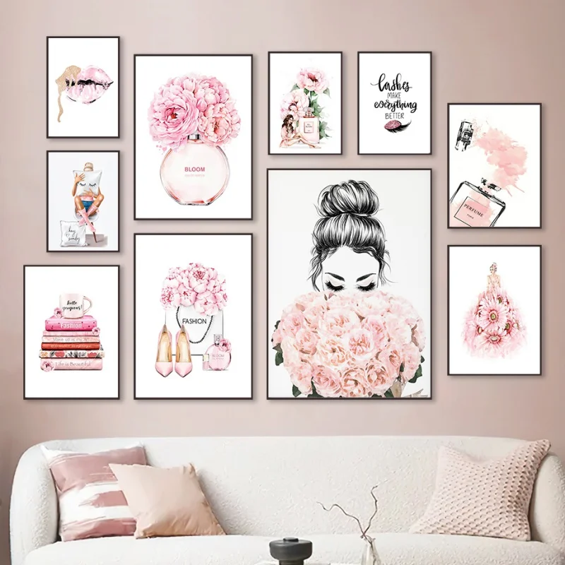 1pc Frameless Fashion Makeup Pink Wall Art Women'S Perfume Canvas Painting Art Posters And Prints Home Decor Modern Sweet Flower