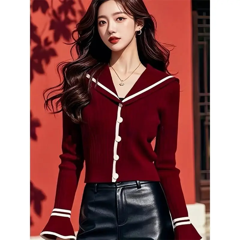 Spring Autumn Jackets Red Knit Sweater Women Slim Pullover Flare Sleeve Short Tops Y2k Streetwear Design Lapel Outerwear Chic