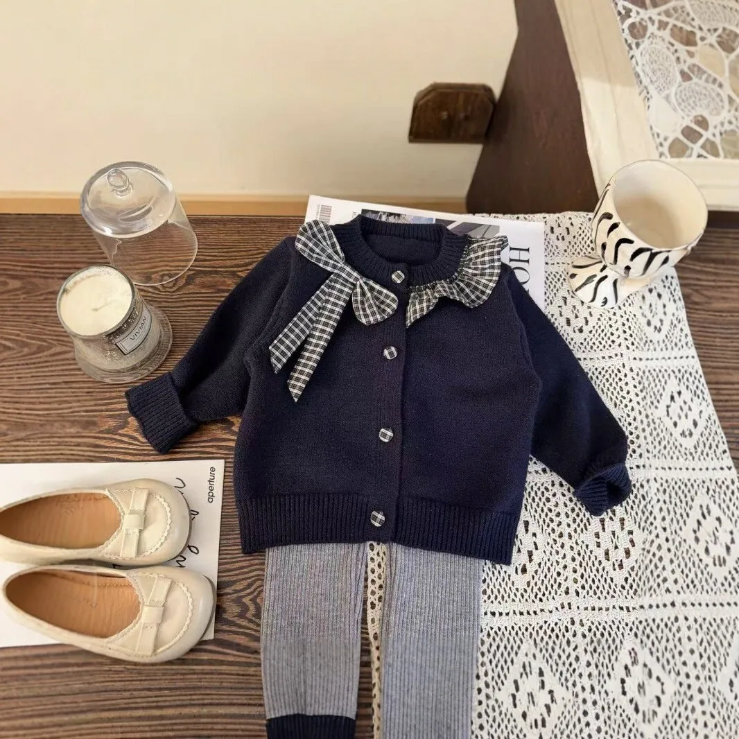 Girls Suit 2026 Autumn and Winter New Childrens Wear Korean Style Girl Baby Check Knitted Cardigan Pile Socks Leggings Two Sets
