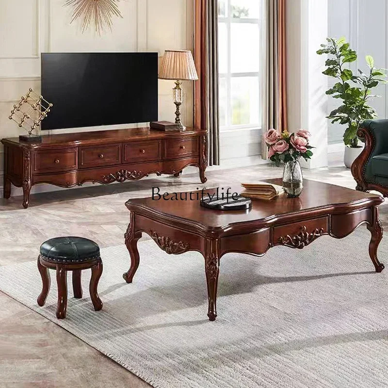 LJY*European solid wood coffee table table American country small apartment living room rectangle