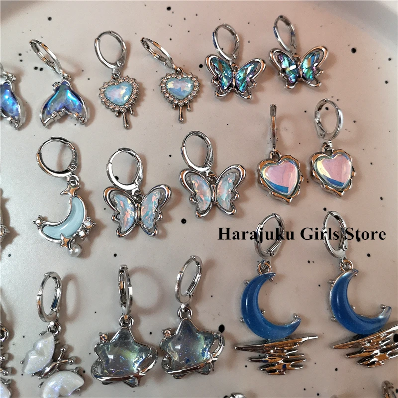 Gothic Moonlight Stone Star Butterfly Moon Pendant Earrings For Egirl Y2K EMO 2000s Cute Dream Fairy Vintage Jewelry Accessories
