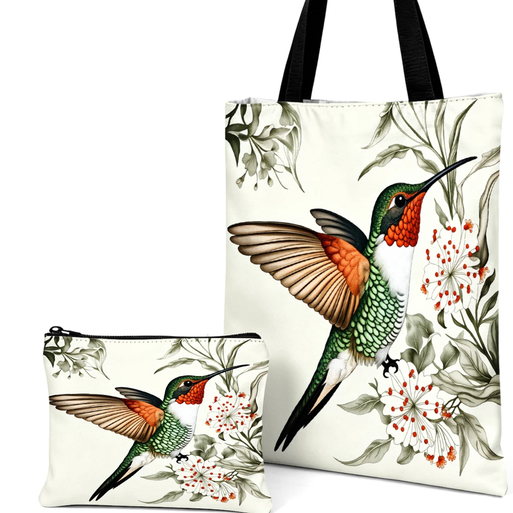 Hummingbird Print Handbag Cream Floral And Bird Pattern Tote Bags And Makeup Bag Combination For Women Travel Portable Pouch