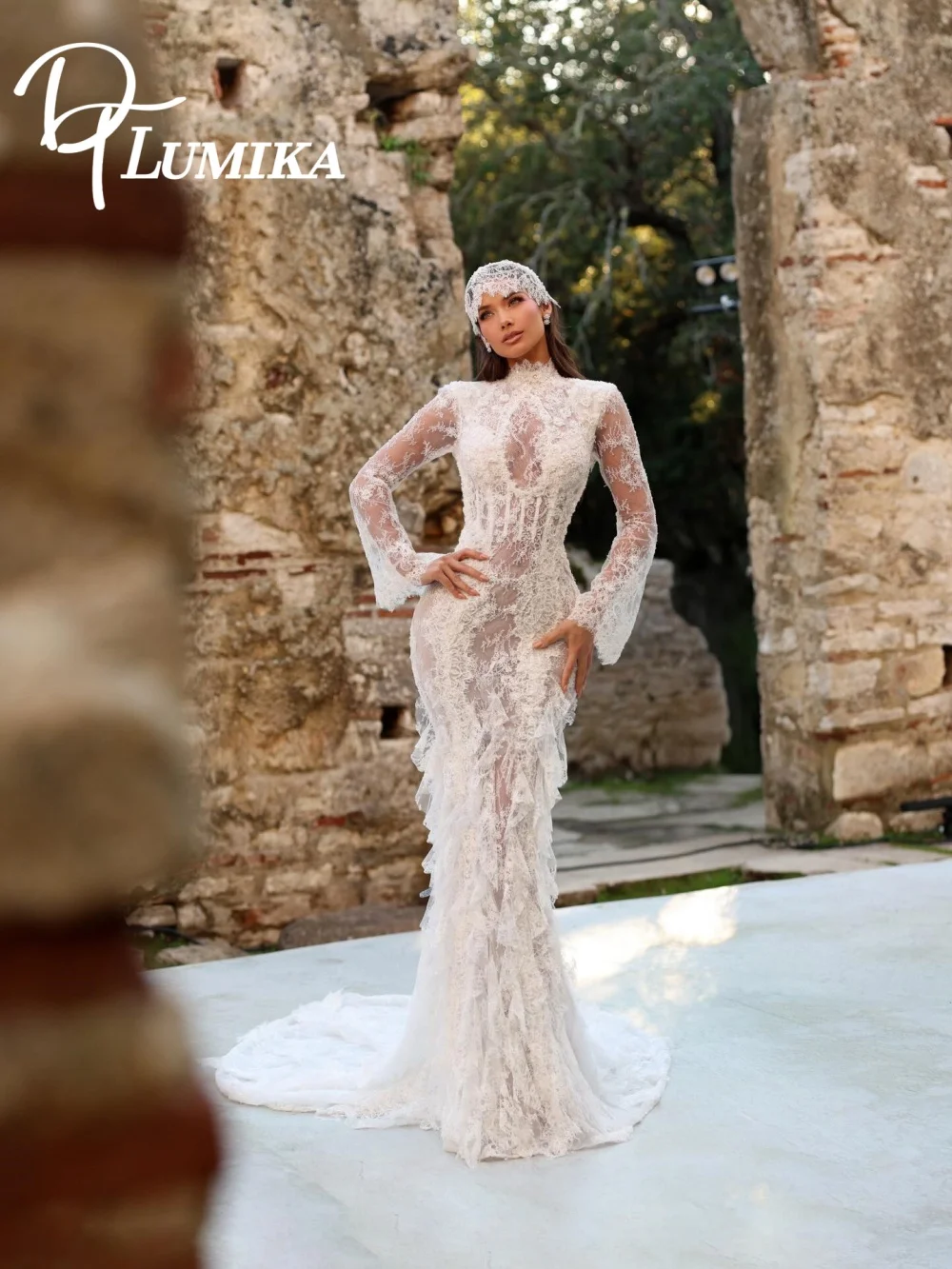 

Ethereal 3D Floral Lace Mermaid Wedding Dress 2026 Whimsical High Neck Bell Sleeve Open Back Sheer Bridal Gown Vestidos De Novia