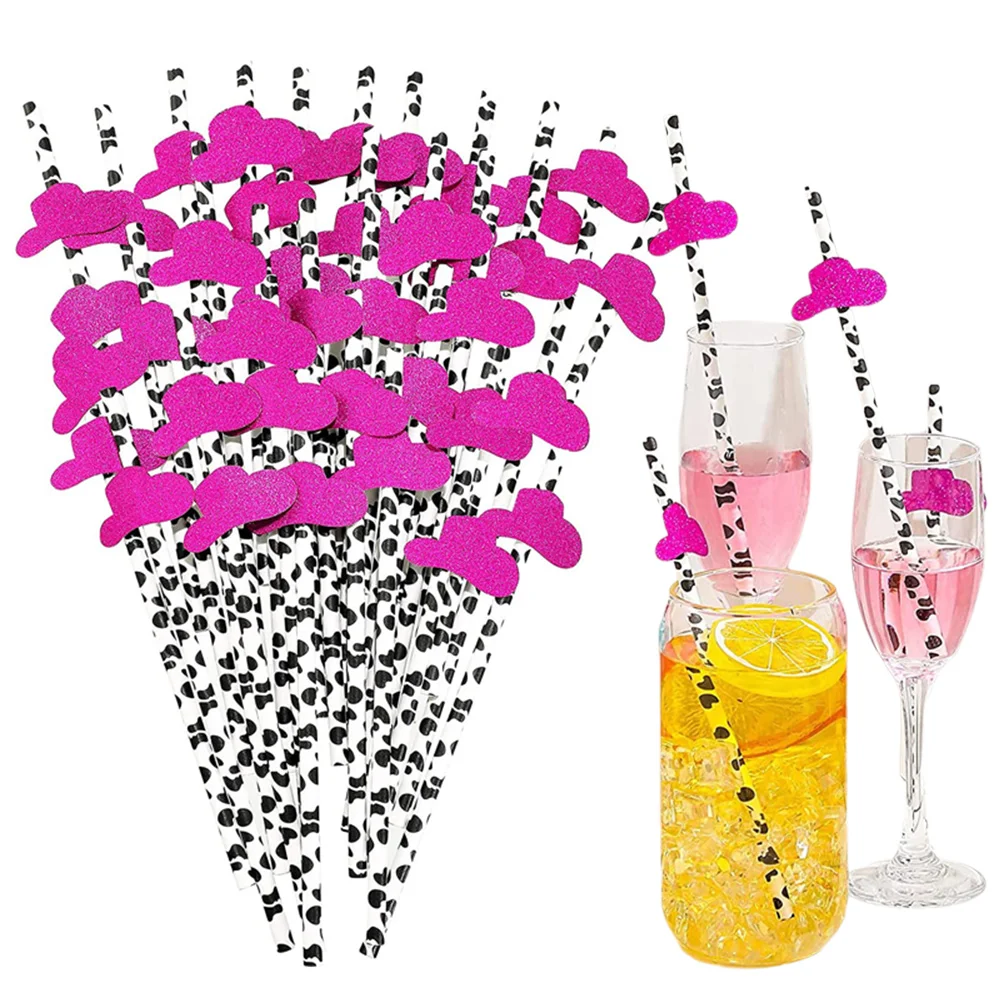 

20 Pcs Pink Cowgirl Paper Drinking Straws Glitter Western Girls Hat Straws Wedding Disco Party Western Racing Horse Themed Decor