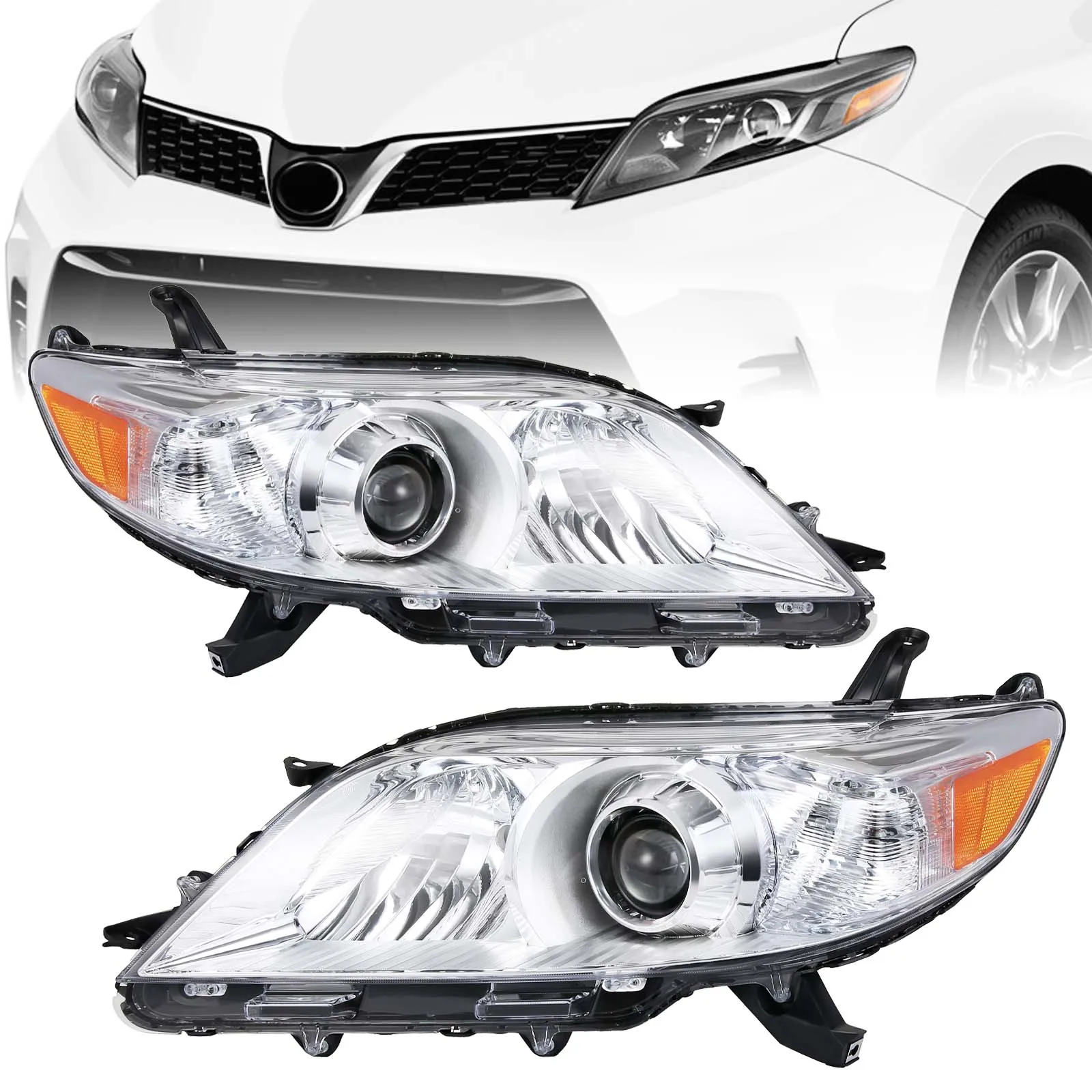 1 Pair Headlight Assembly For 2011-2020 Toyota Sienna Chrome Housing Amber Corner Projector Headlamp Left Side + Right Side