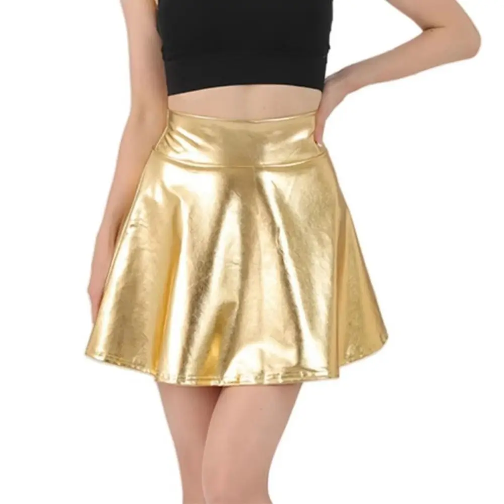 

Elegant Metallic Pleated Skirt Gold Silver Retro Shiny Short Dress Flared Design Solid Color Girls Short Mini Skirt Daily Wear