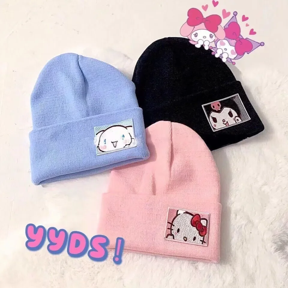 Hot 3pcs Cinnamoroll Knitted Hat Sanrio Women Beanie Adult Winter Warm Cartoon Cute Kuromi My Melody Skullies Hat Christmas Gift