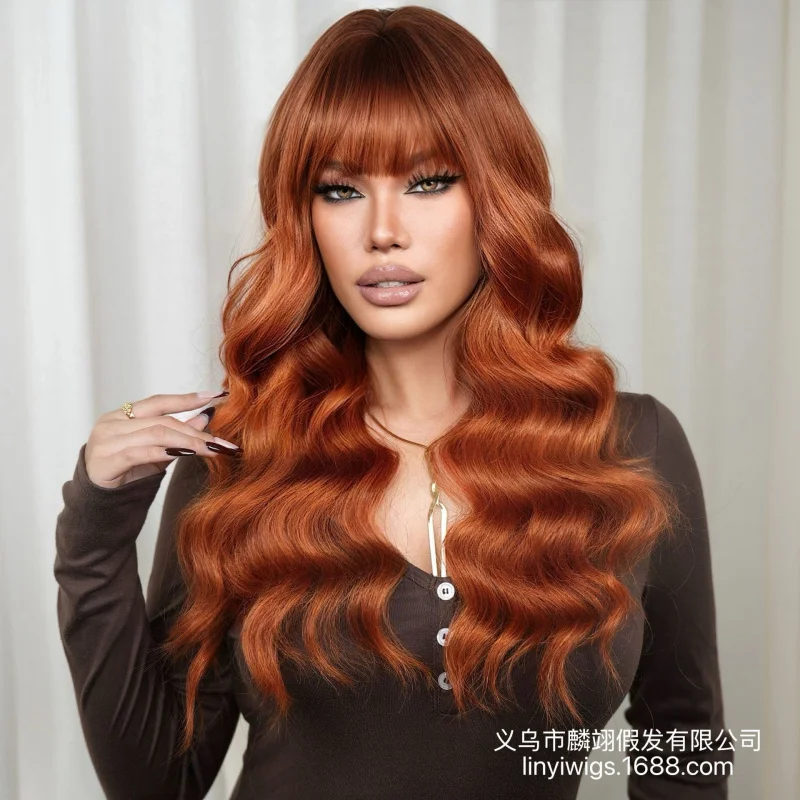 

Новый стильный коричневый парик для женщин с челкой, крупными волнами, длинными кудрями, синтетический парик, волосы в стиле Body Wave