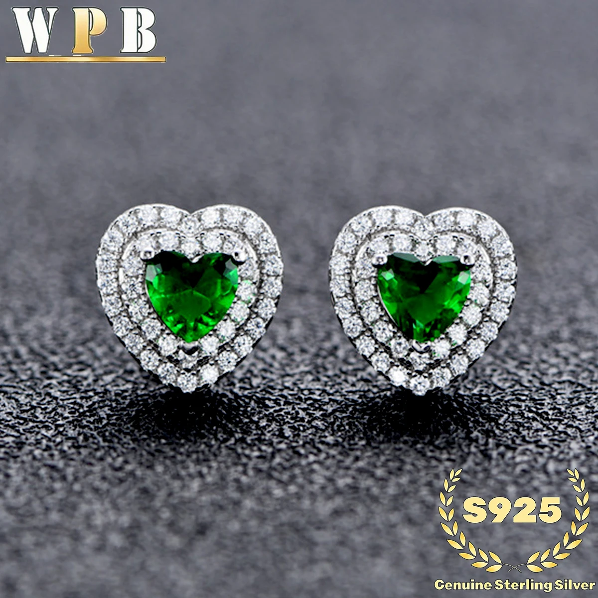 S925 Sterling Silver Stud Earrings Double Heart Green Zircon Halo Prong Setting for Women Valentine Gift Everyday Wear