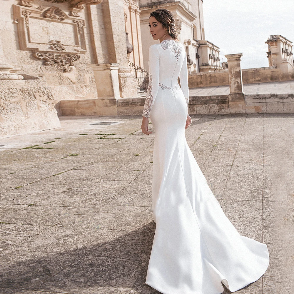 Vestido De novia De sirena Simple para mujer, Vestido De novia De manga larga con cuello redondo y cremallera trasera, hecho a medida