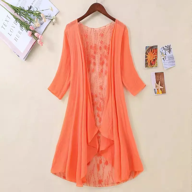 Long Cardigan Beach Cover Up Summer Blouses For Women 2024 Woman V Neck Shirt Top Lace Blusas Femininas Elegant Sunproof Outwear