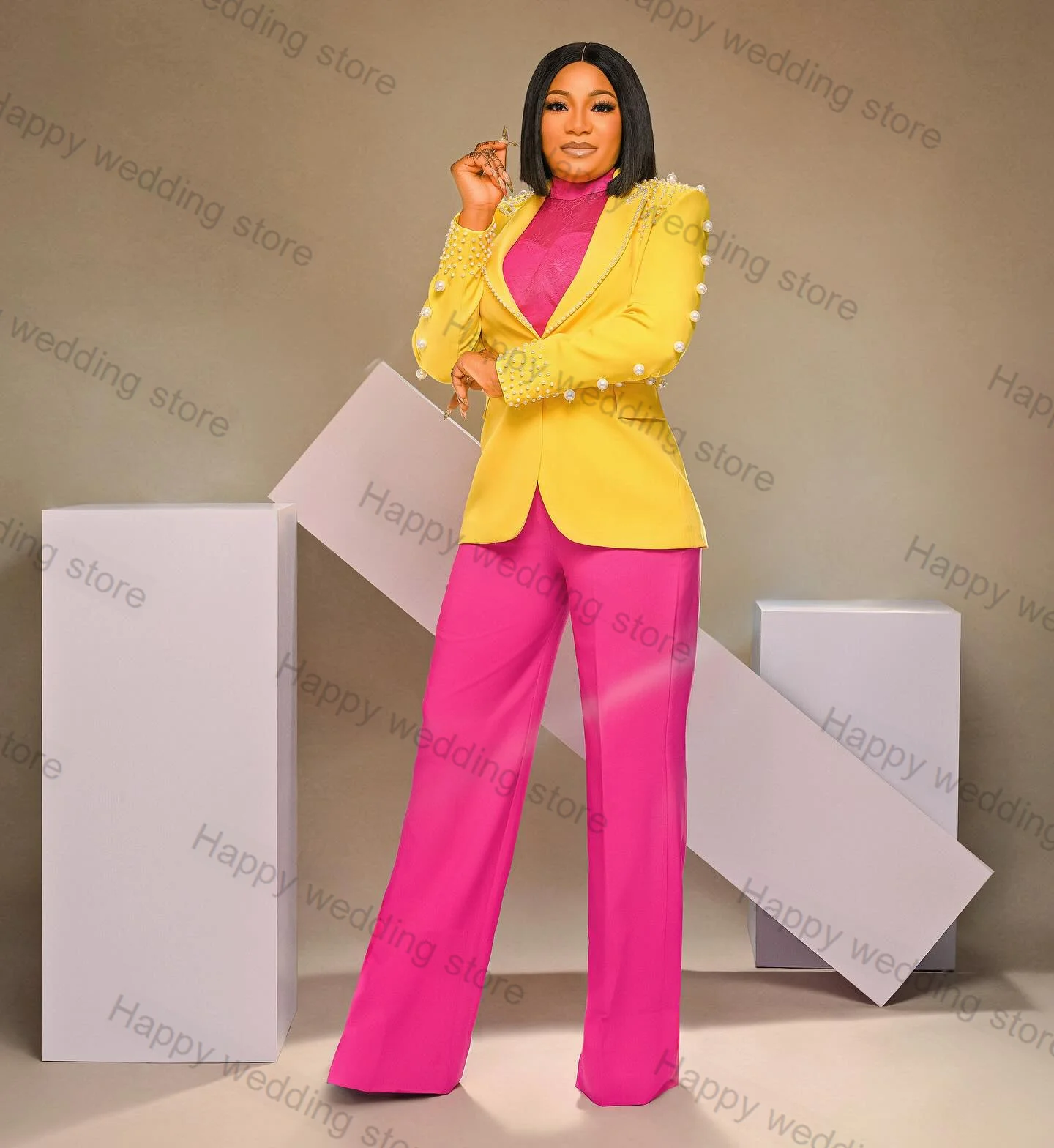 Pearls Women Suit Pants Set 2 Piece Yellow Blazer+Pink Trousers Cotton Spring Formal Office Lady Wedding Tuxedo Tailored