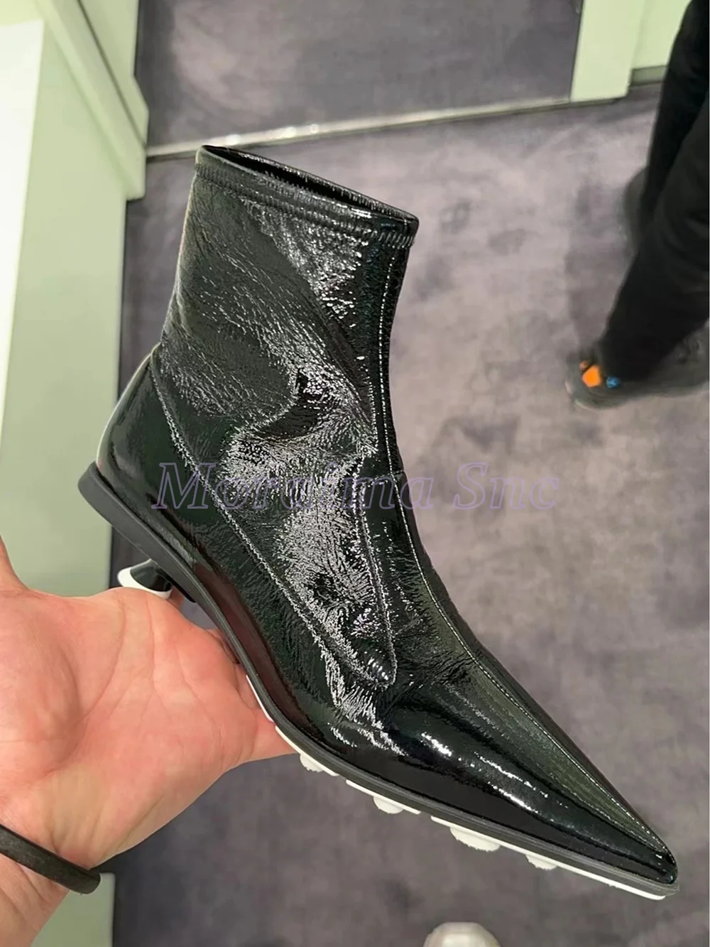 

Patent Leather Pointed Toe Ankle Boots Strange Low Heel Slip On Black Solid Sexy Fashion Women's Short Boots Autumn Winter 2025