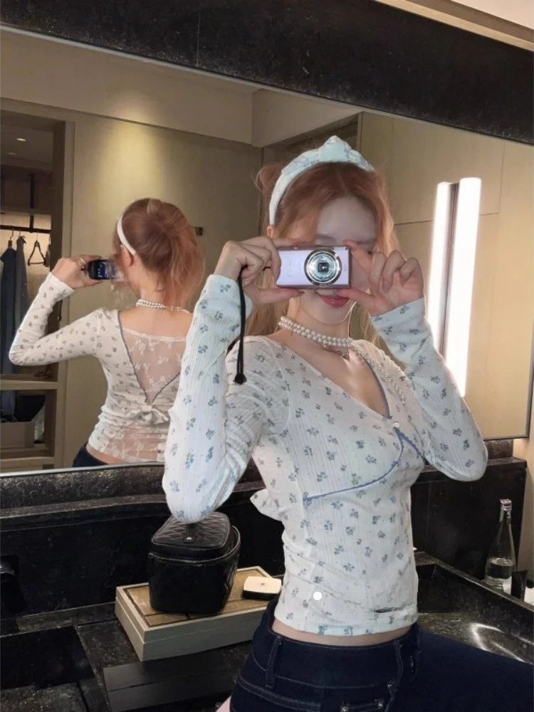 T-shirt francese Sle lunga Sve T-shirt invernale da donna New V-ne Lace Ba Nodo Stampa floreale Strato base Pure Desire Top