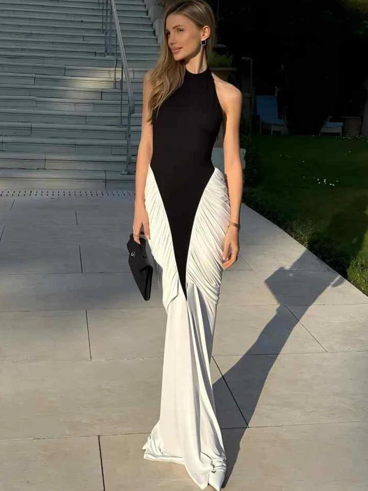 Weird Puss Ruched Maxi Dress Women Black White Patchwork Halter Backless  Thin Slit Summer Trend Birthday Party Clubwear Vestidos - AliExpress