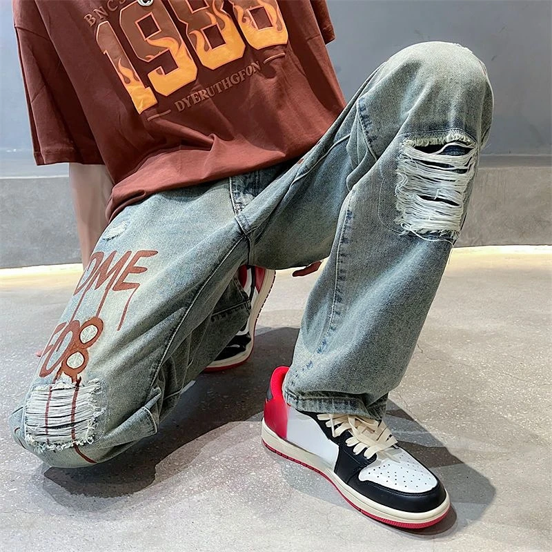 

Man Cowboy Pants Light Blue Ripped 2024 Trend Men's Jeans Grunge Y2k Trousers Straight With Holes Loose Hip Hop Retro Broken Xs