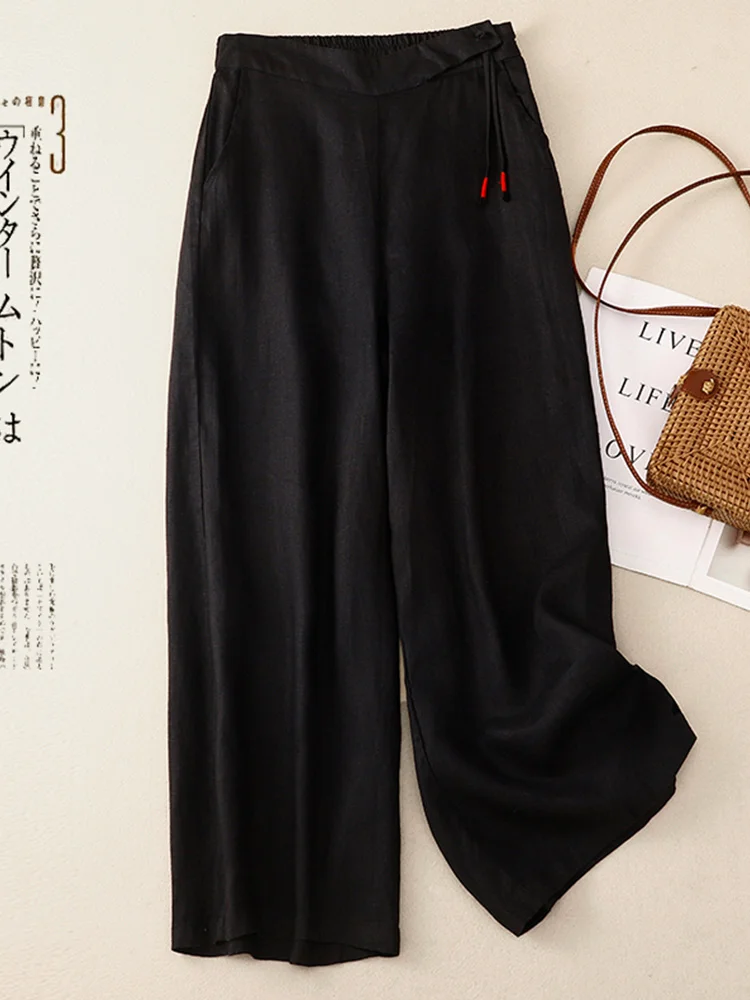 Cintura alta calças de perna larga algodão linho casual nove pontos fino sle feminino premium faion calças commute sle vintage