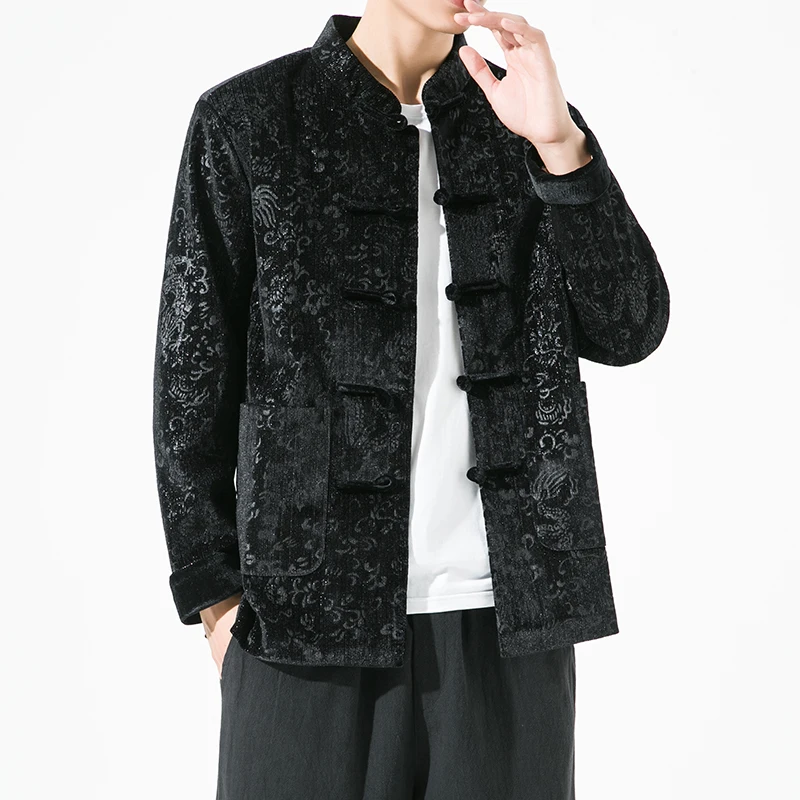 

Gold Velvet Jaet Men's Retro Dragon Pattern Embroidery Chinese Sle Buttoned Tang Costume Autumn Youth Windbreaker Coat