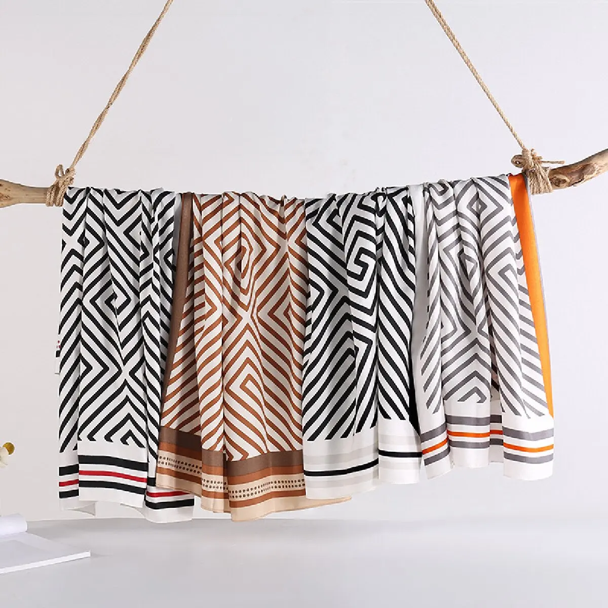 35.43" Geometric Pattern Square Scarf Imitation Silk Satin Shawl Thin Summer Sunscreen Bandana Outdoor Handbag Decoration Scarf