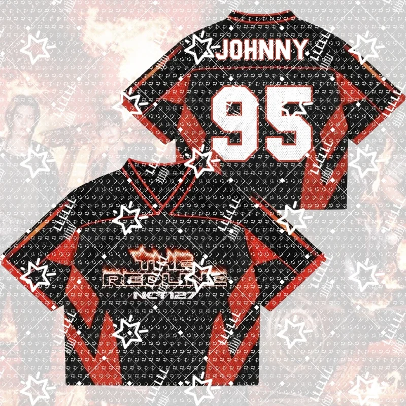 Women K-Pop Cropped Football Jersey Black Red Geometric Print Number 07 V-Neck Short Sleeve Crop Top Concert Fan Streetwear