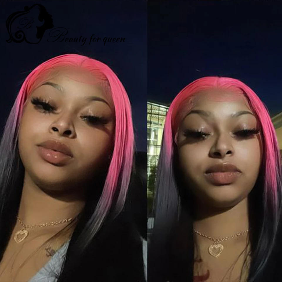 High Quality 180% Density  Beauty Color Pink And Black 13x4  Lace Front Wig Human Hair Wigs Cosplay Women 2026 Fashion Style